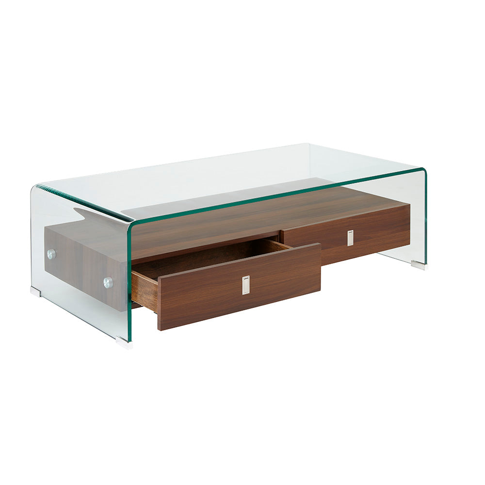 Bent Glass Coffee Table with Wood Shelves