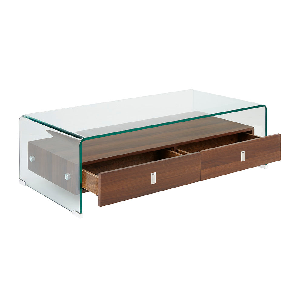 Bent Glass Coffee Table with Wood Shelves