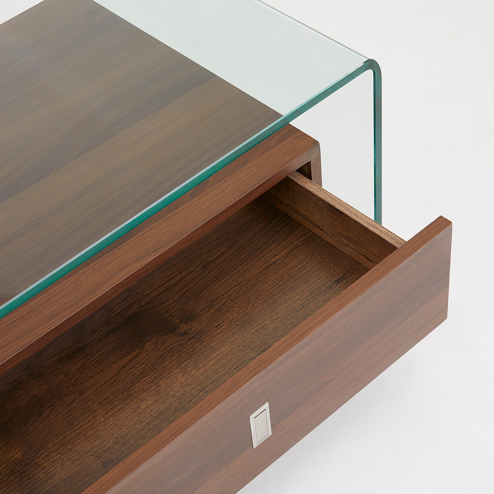 Bent Glass Coffee Table with Wood Shelves