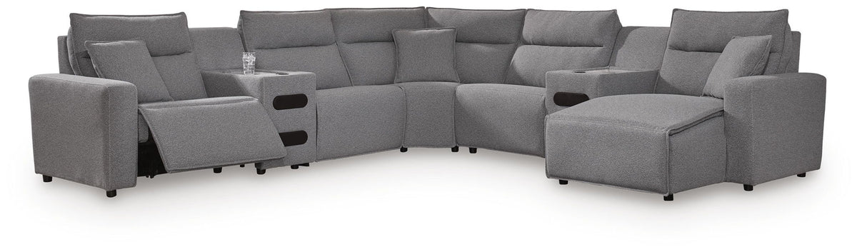 Modmax II - 7-Piece Power Reclining Sectional With RAF Press Back Power Chaise And Audio Consoles - Salt And Pepper - Next-Gen Nuvella