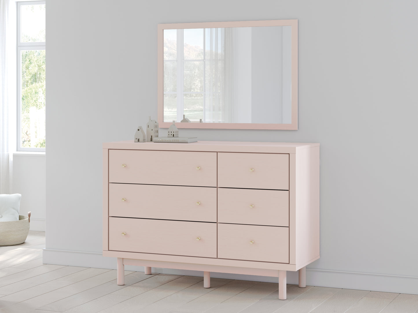 Wistenpine Twin Upholstered Panel Headboard, Dresser and Mirror