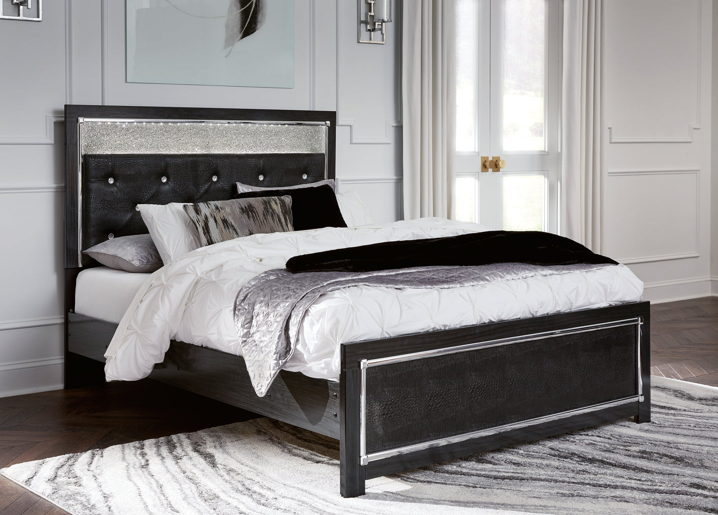 Kaydell Queen Upholstered Panel Bed, Dresser, Mirror and Nightstand