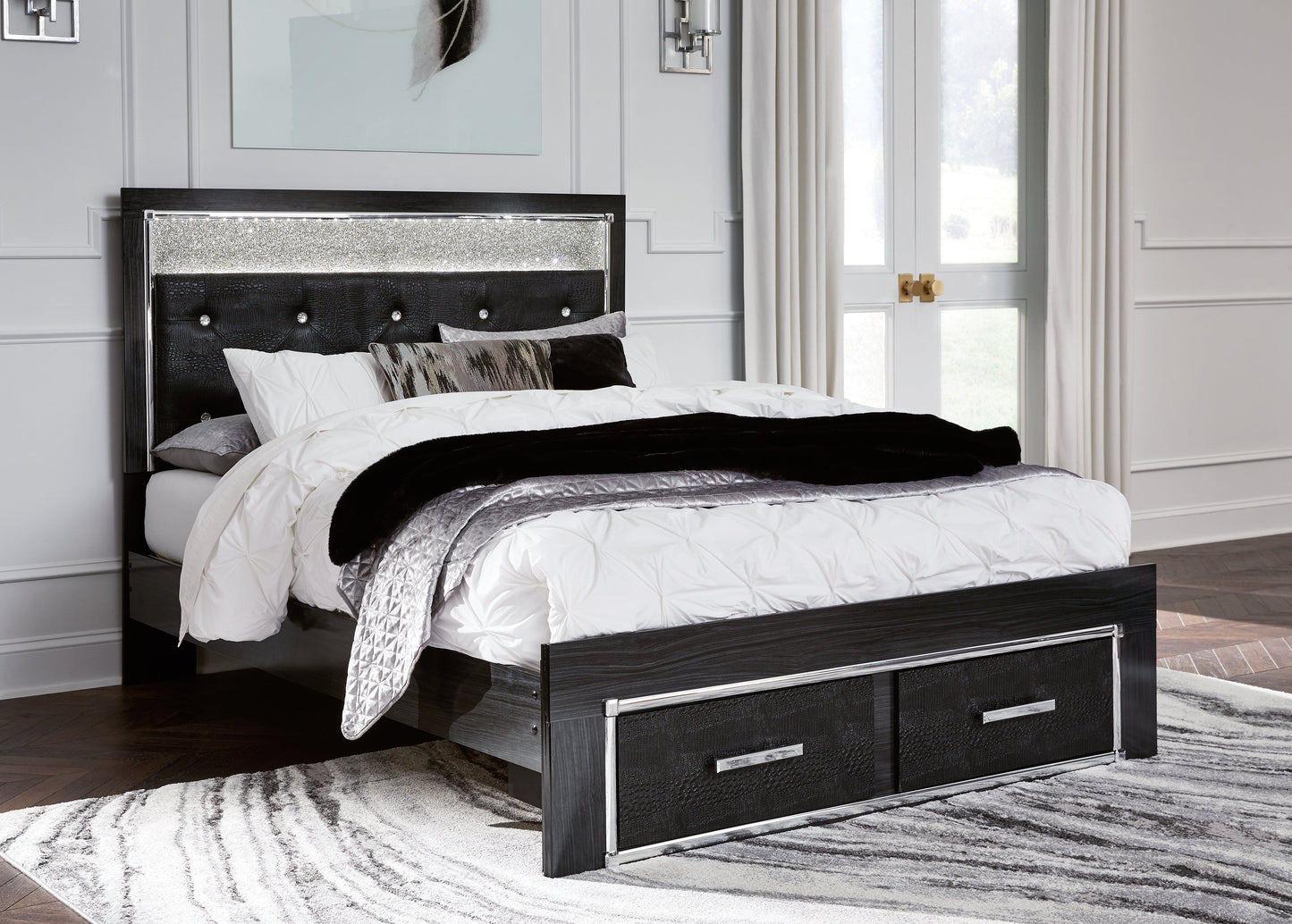 Kaydell Queen Upholstered Panel Storage Platform Bed, Dresser and Mirror