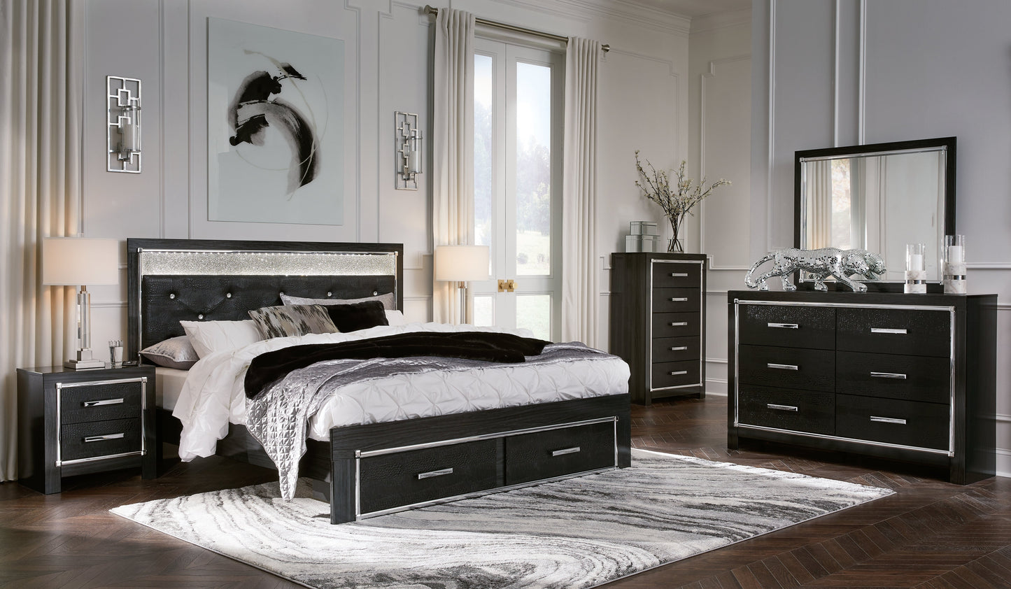 Kaydell King Panel Storage Bed, Dresser, Mirror, Chest and Nightstand