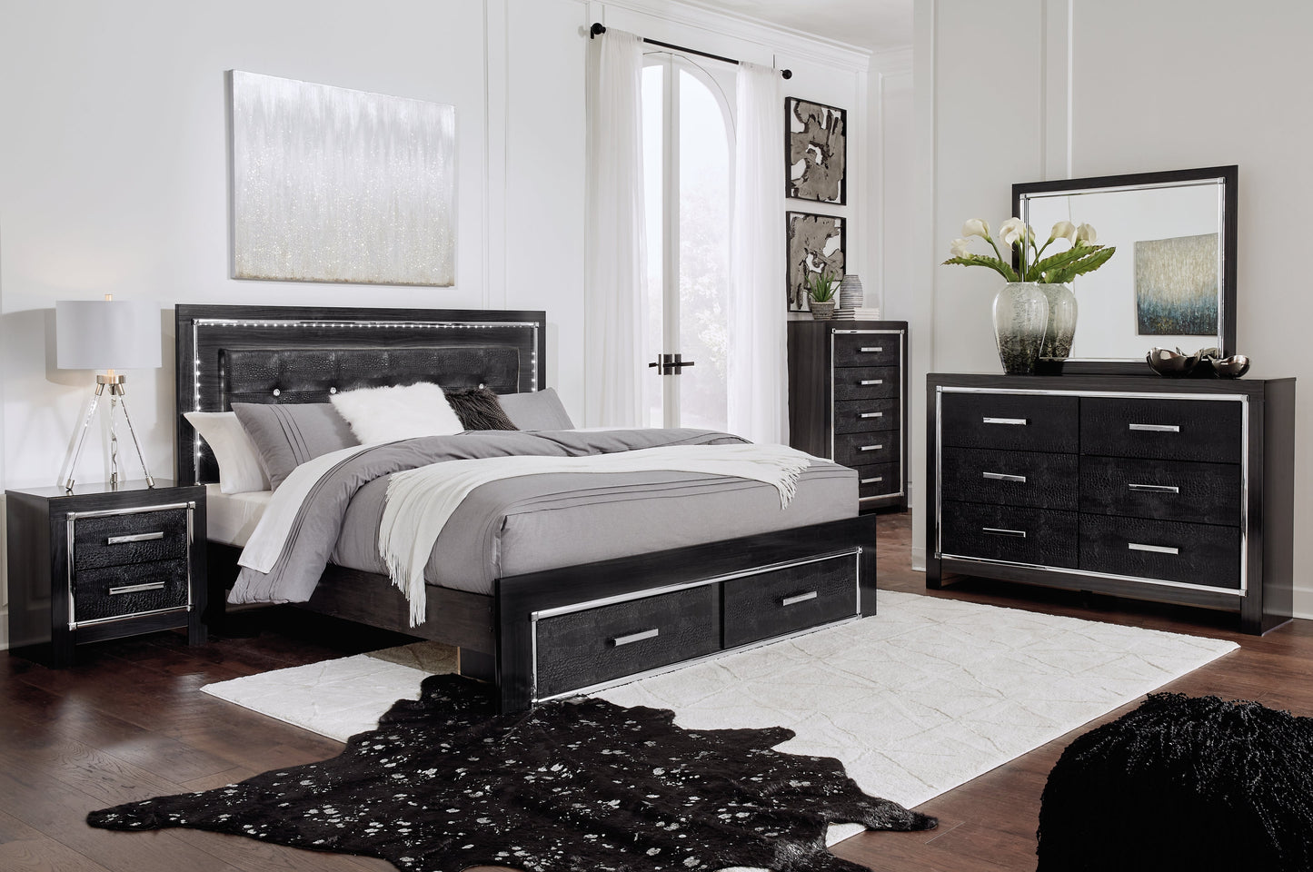 Kaydell King Upholstered Storage Bed, Dresser, Mirror, Chest and 2 Nightstands