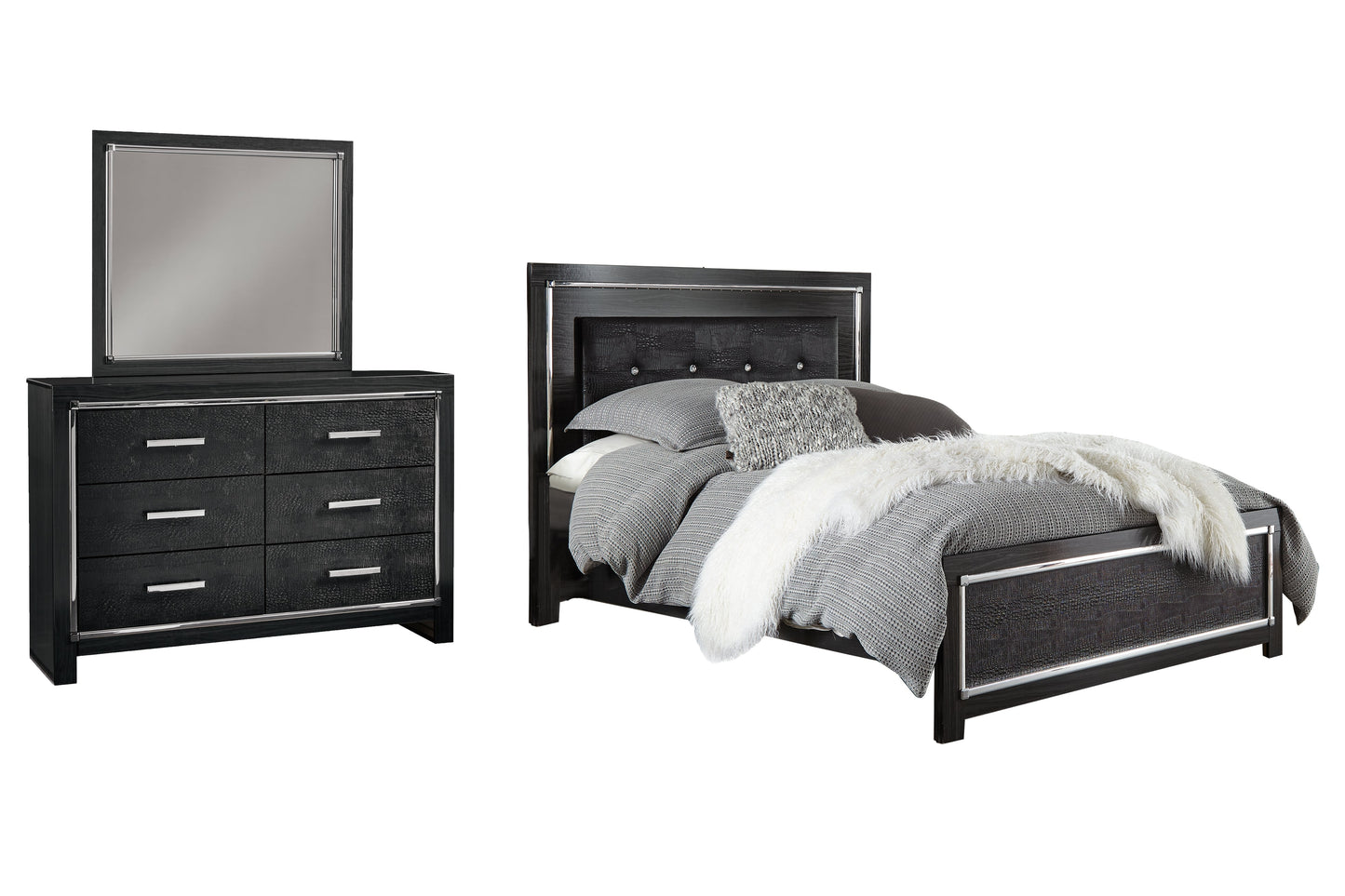 Kaydell Queen Upholstered Panel Bed, Dresser and Mirror