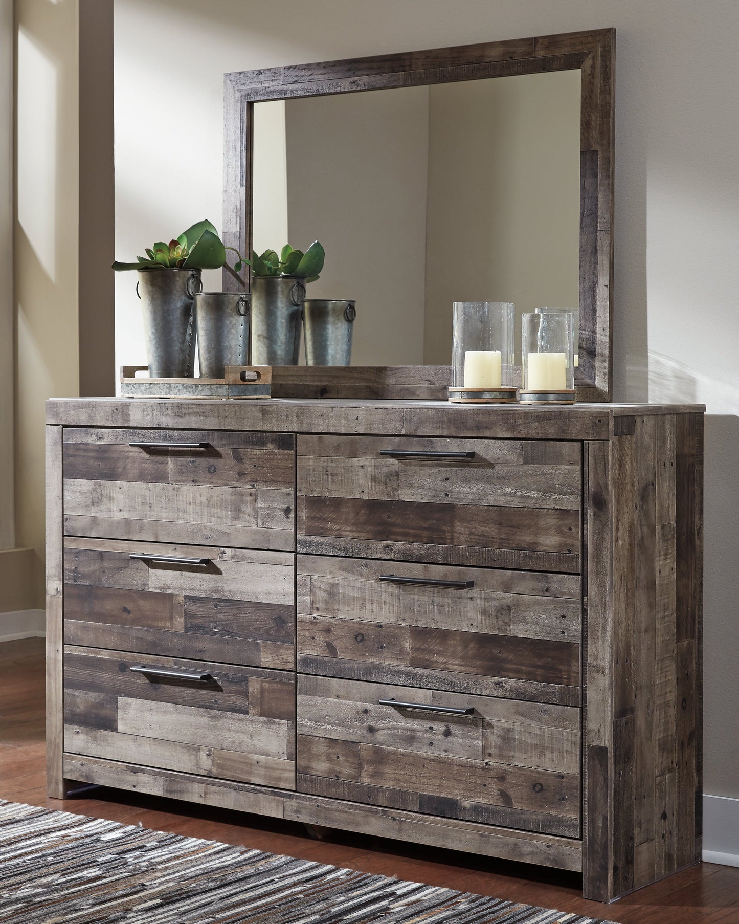 Derekson Queen Bed with Mirrored Dresser and Nightstand