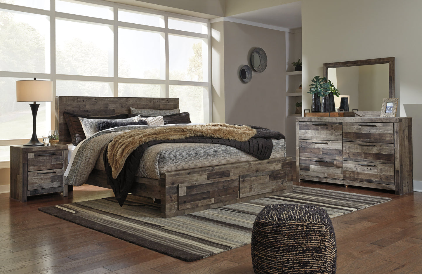 Derekson King Panel Storage Bed, Dresser, Mirror and Nightstand