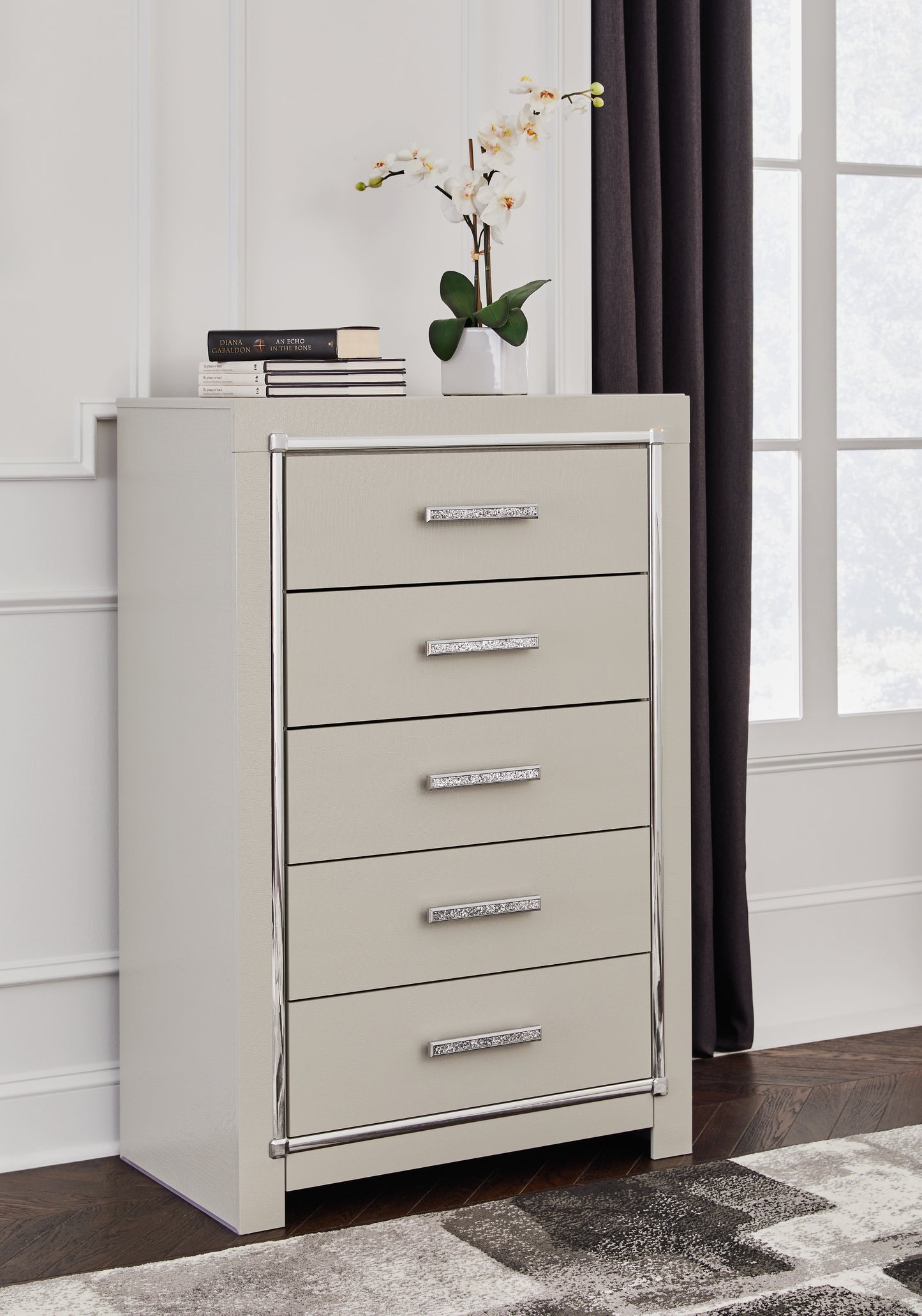 Zyniden King Upholstered Panel Bed, Dresser, Mirror, Chest and Nightstand