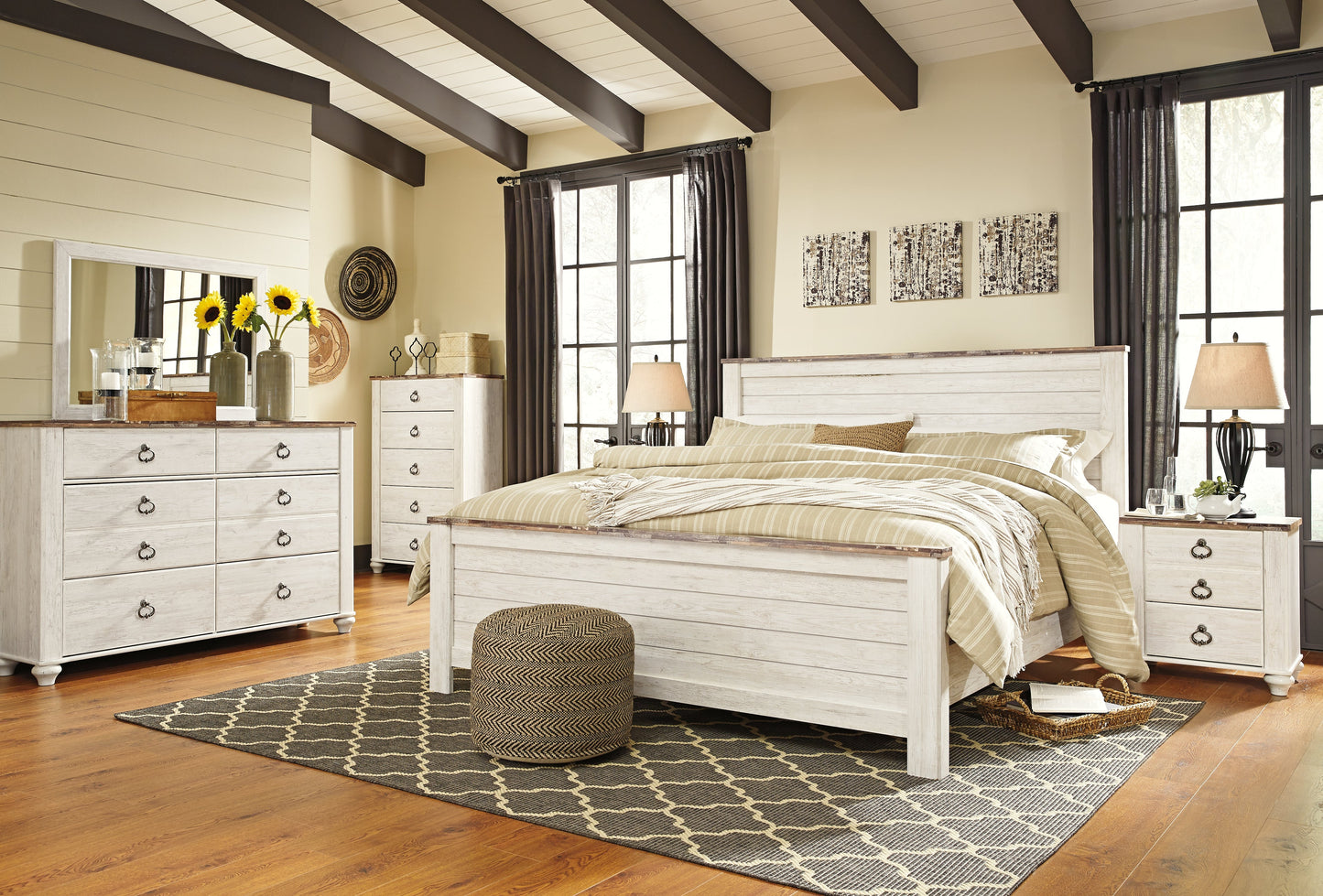 Willowton King Panel Bed, Dresser, Mirror, Chest and 2 Nightstands
