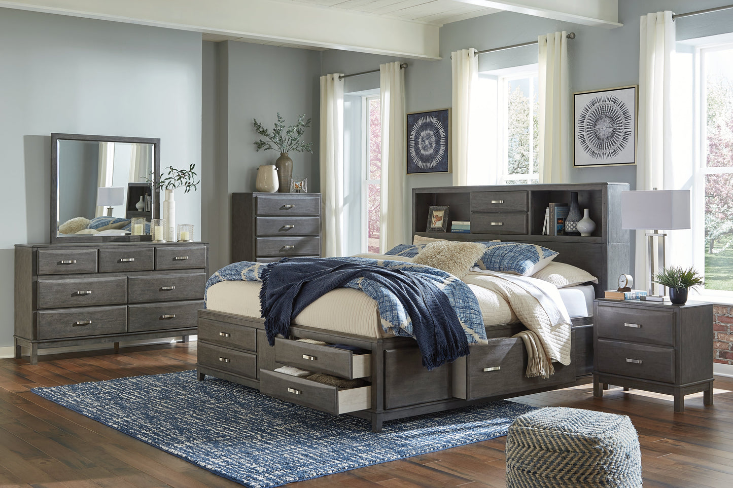 Caitbrook Queen Storage Bed, Dresser, Mirror, Chest and 2 Nightstands