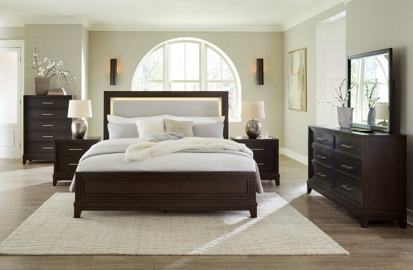 Neymorton Queen Upholstered Panel Bed, Dresser and Mirror