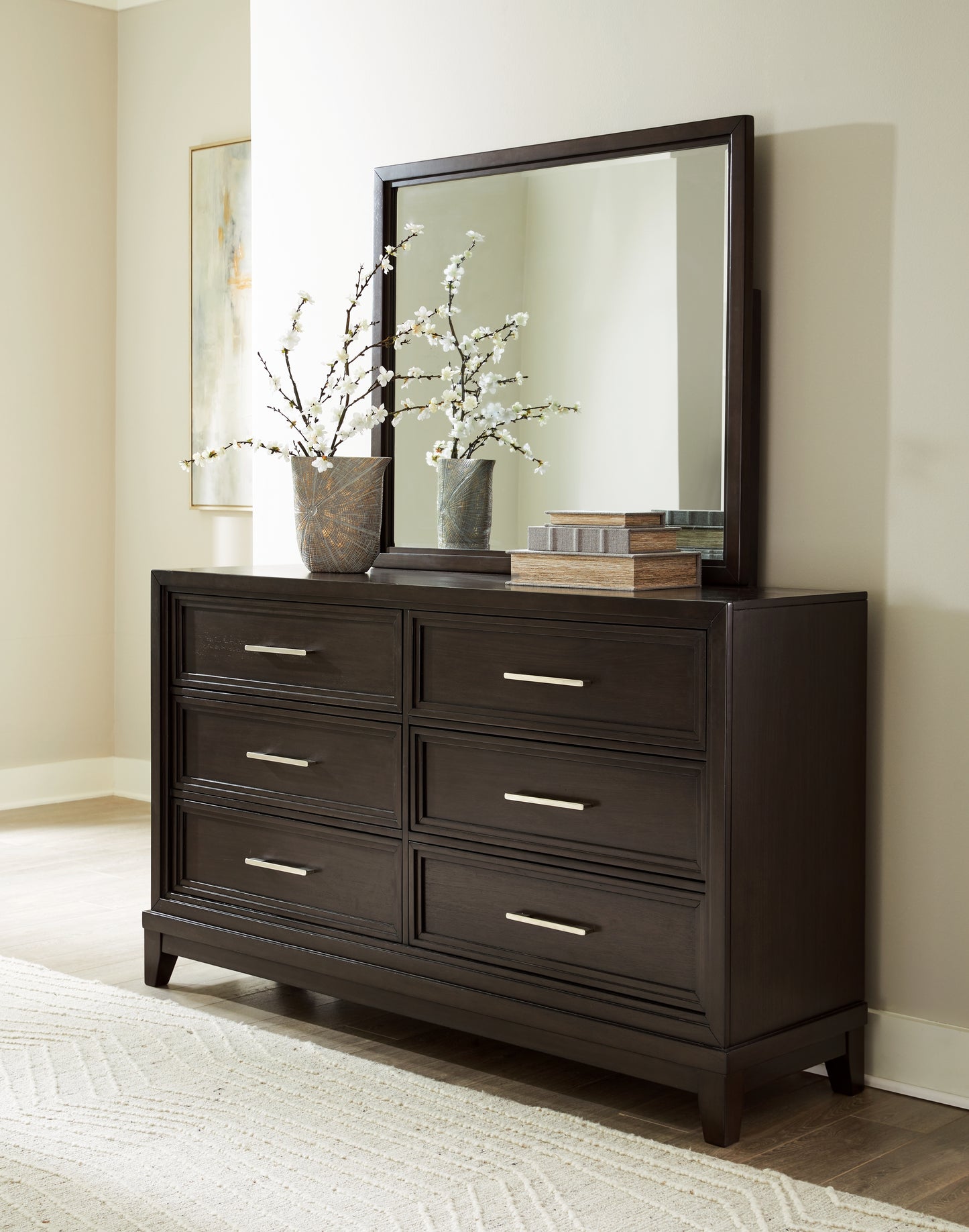 Neymorton Queen Upholstered Panel Headboard, Dresser and Mirror
