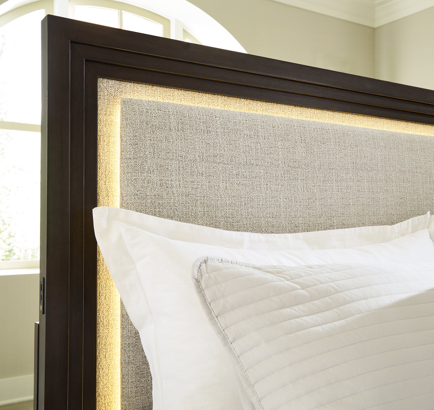 Neymorton Queen Upholstered Panel Headboard, Dresser and Mirror