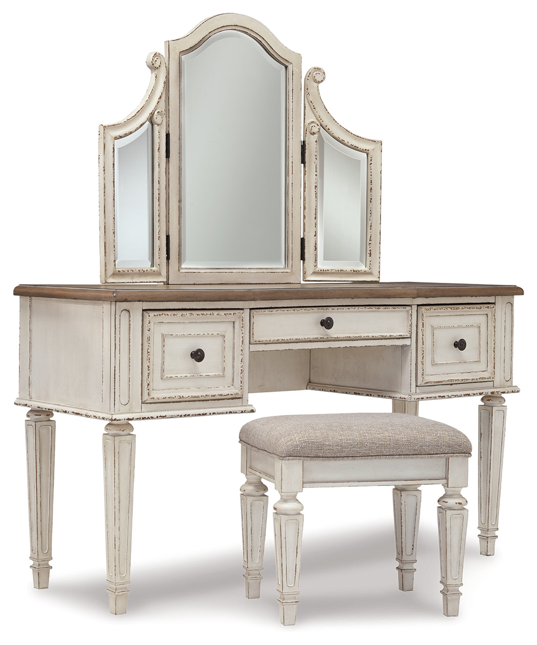 Realyn Queen Panel Bed, Dresser, Mirror and Vanity