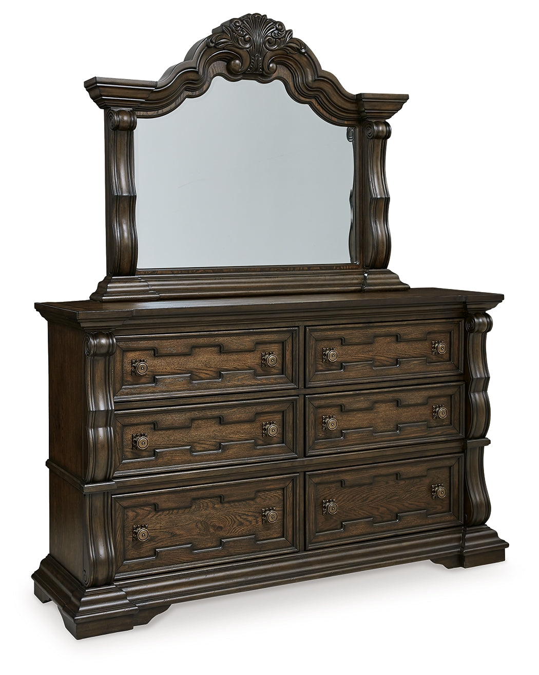 Maylee Queen Upholstered Panel Bed, Dresser, Mirror and Nightstand
