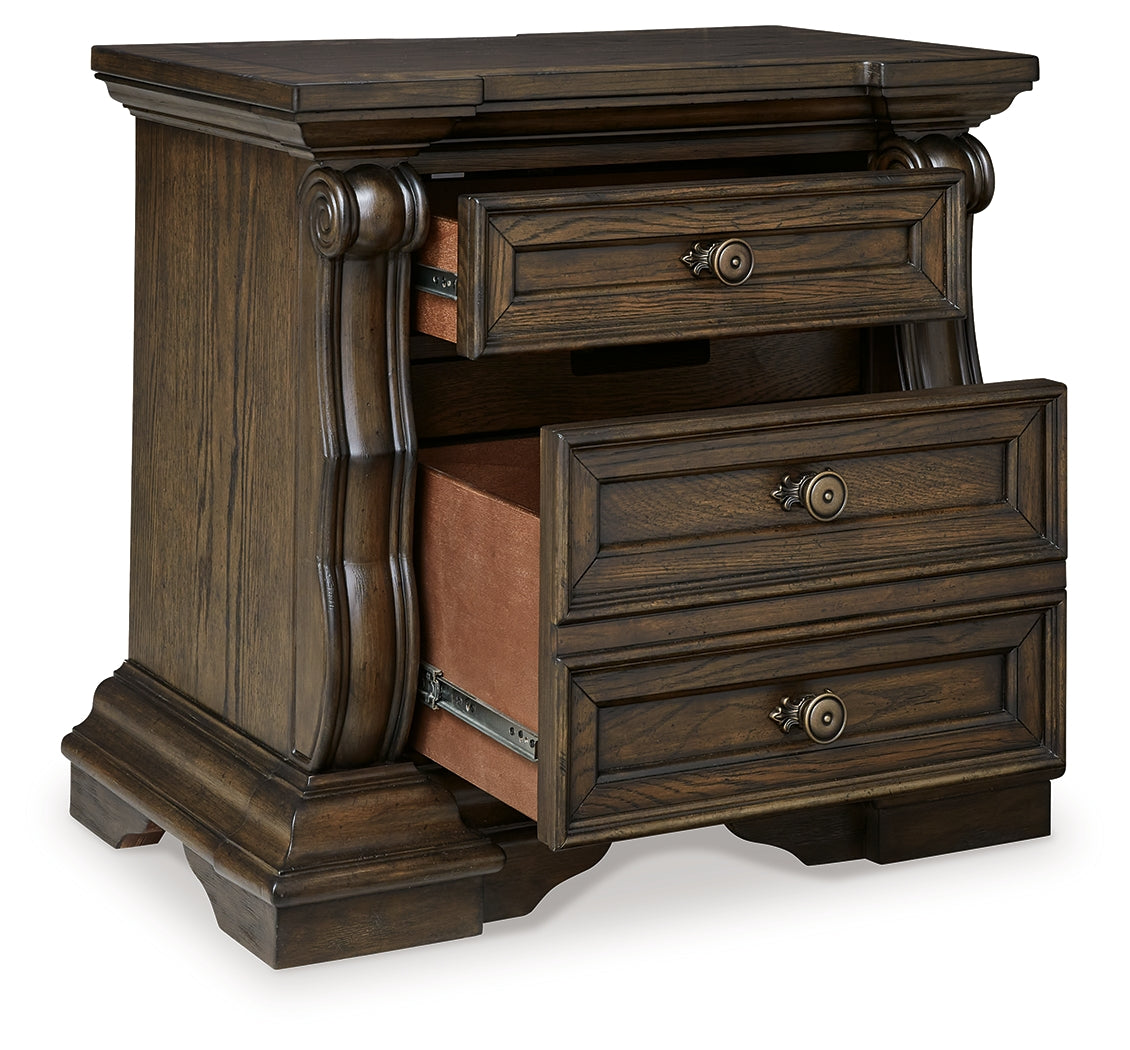 Maylee Queen Upholstered Panel Bed, Dresser, Mirror and Nightstand