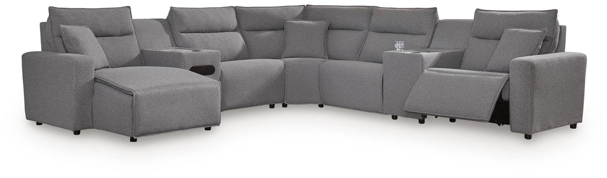 Modmax II - 7-Piece Power Reclining Sectional With LAF Press Back Power Chaise And Audio Console - Salt And Pepper - Next-Gen Nuvella