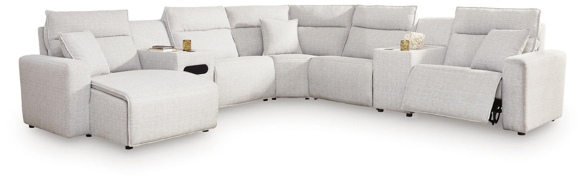 Modmax II - 7-Piece Power Reclining Sectional With LAF Press Back Power Chaise, Console And Audio Console - Stone - Next-Gen Nuvella