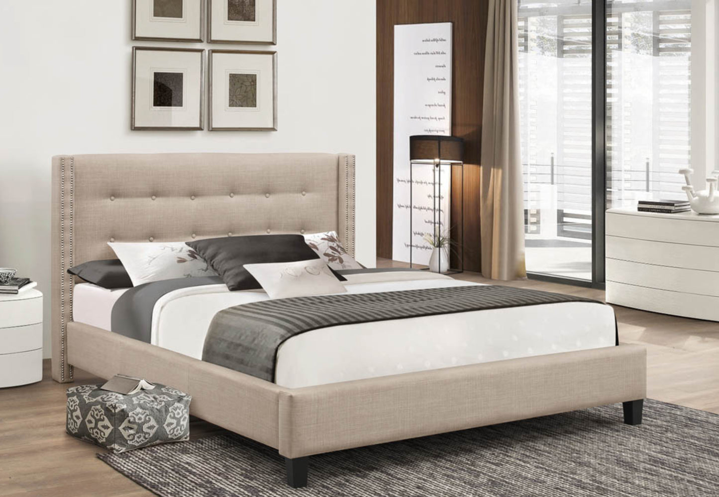IF-188 Beige Platform bed with nail head details - mrfurnitureandmattress