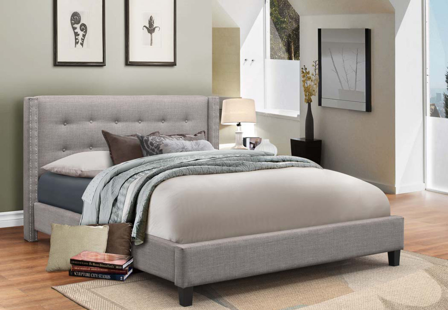 IF-189 Beige Platform bed with nail head details - mrfurnitureandmattress