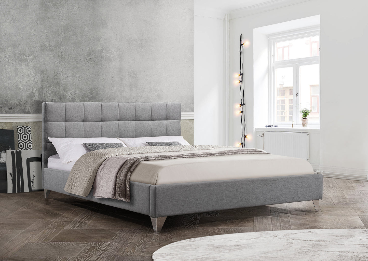 IF-5710 Platform bed grey upholstered with chrome legs - mrfurnitureandmattress