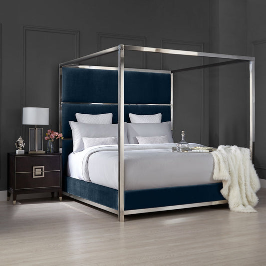 Pillar Queen Bed – Blue Velvet