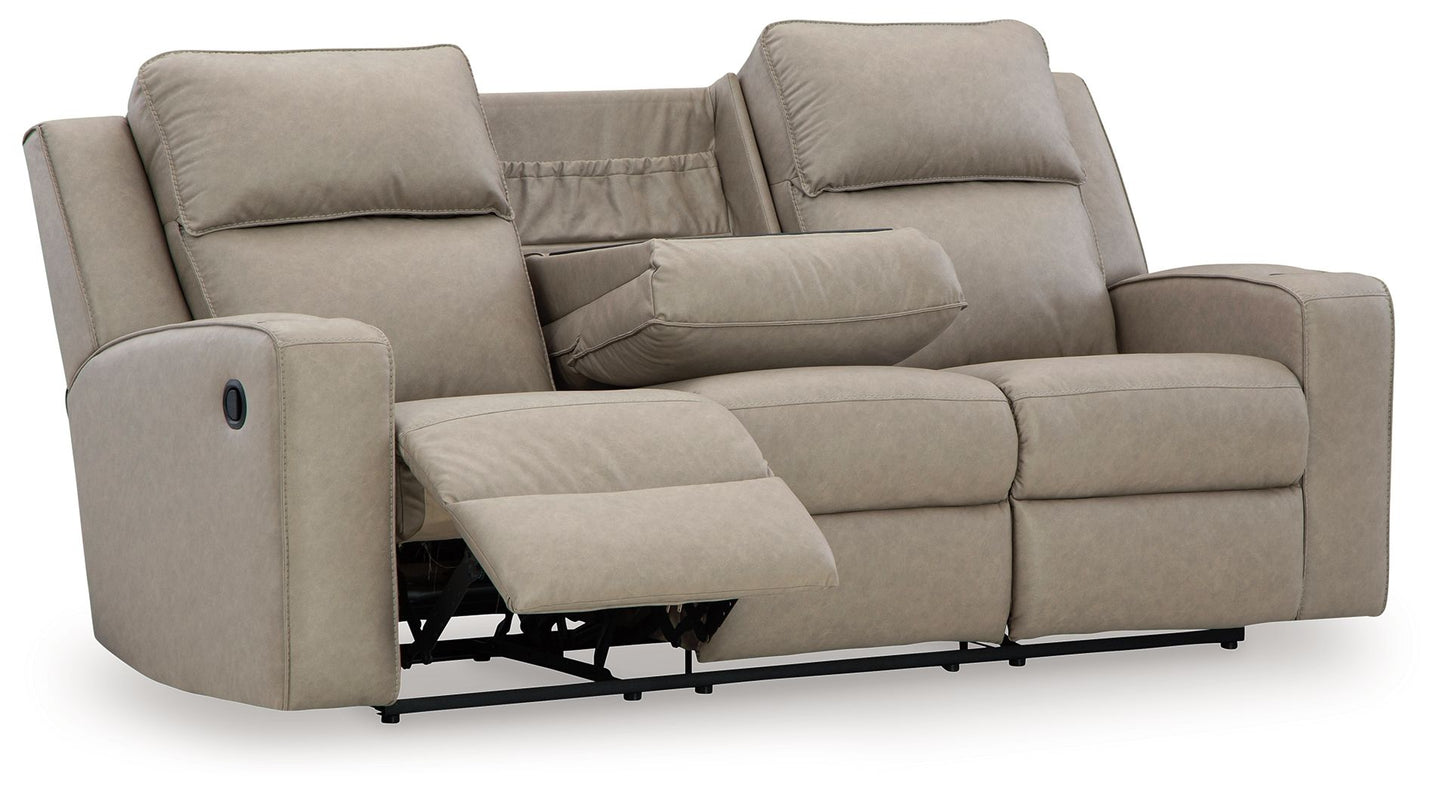 Lavenhorne - Reclining Sofa W/ Drop Down Table - Faux Leather - Pebble