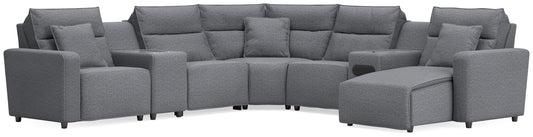 Modmax II - 7-Piece Power Reclining Sectional With RAF Press Back Power Chaise, Console And Audio System - Salt And Pepper - Next-Gen Nuvella