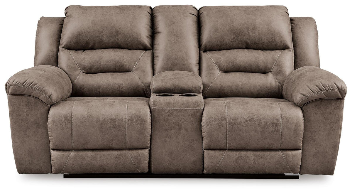 Stoneland - Double Reclining Loveseat With Console - Fossil - Faux Leather