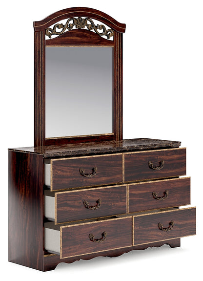 Glosmount Queen Poster Bed, Dresser, Mirror and Nightstand