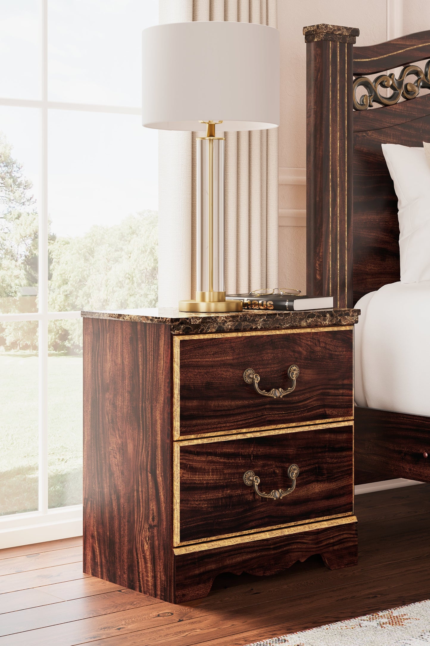 Glosmount Queen Poster Bed, Dresser, Mirror and Nightstand