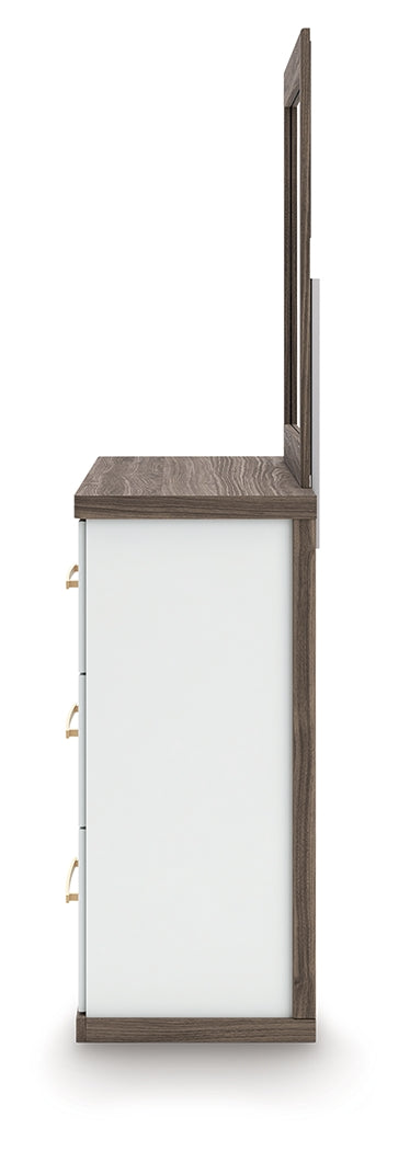 Kendanport Queen Upholstered Platform Bed, Dresser and Mirror