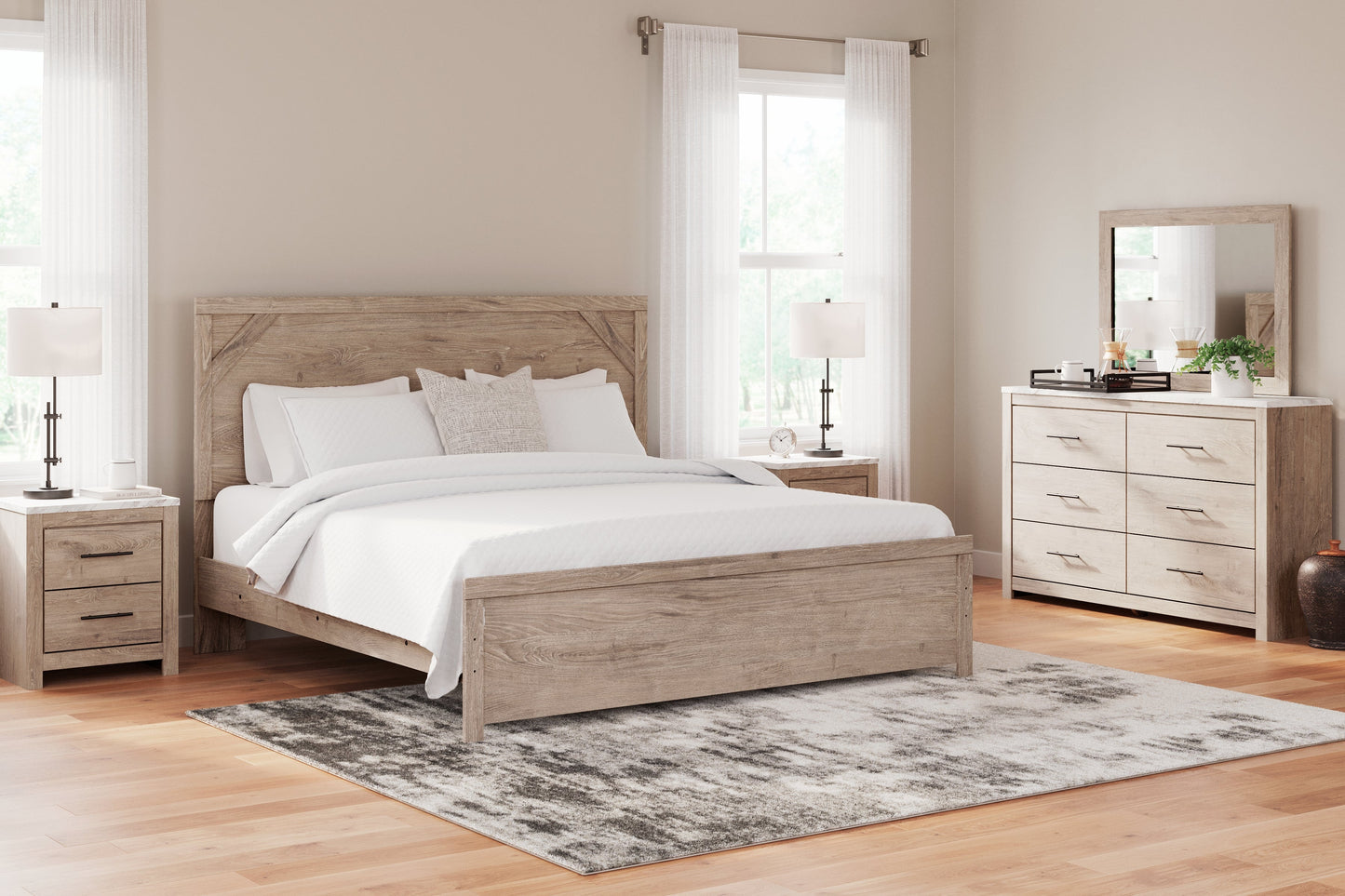 Senniberg King Panel Bed, Dresser, Mirror, and Nightstand