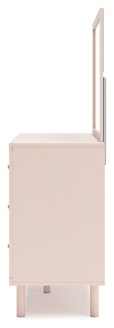 Wistenpine Twin Upholstered Panel Headboard, Dresser and Mirror