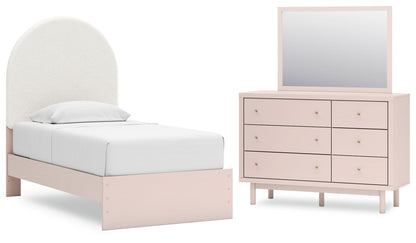 Wistenpine Twin Upholstered Panel Bed, Dresser and Mirror