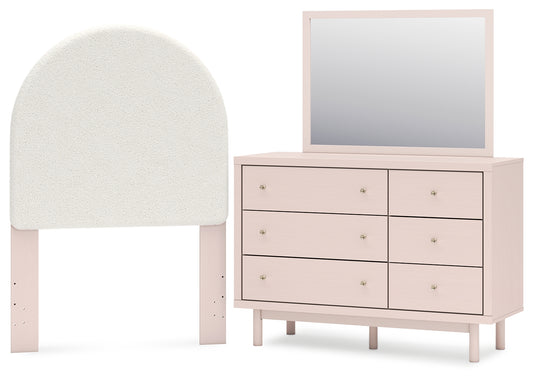 Wistenpine Twin Upholstered Panel Headboard, Dresser and Mirror