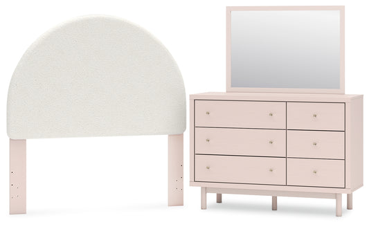 Wistenpine Full Upholstered Panel Headboard, Dresser and Mirror