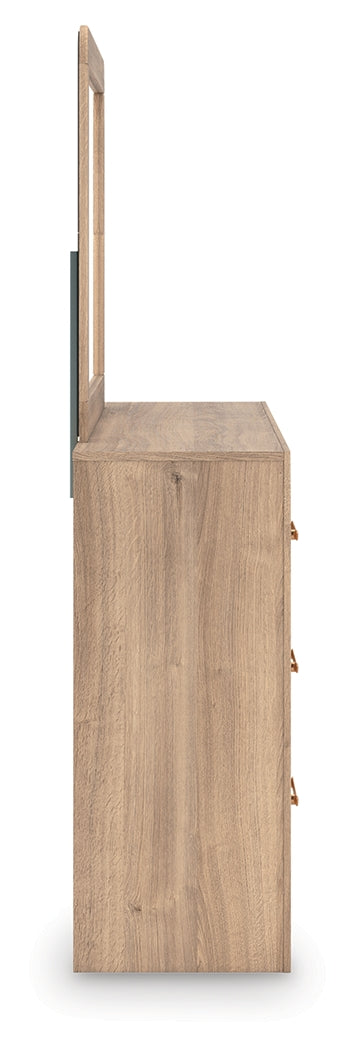 Kinlanni Queen Upholstered Panel Bed, Dresser and Mirror