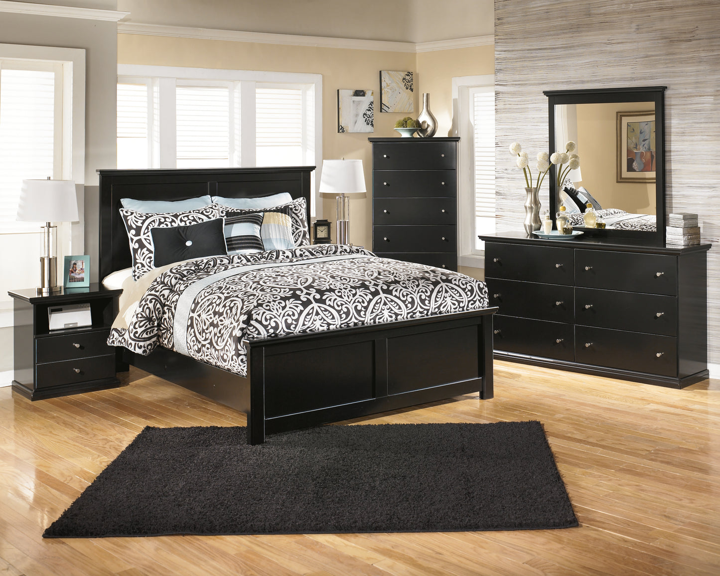 Maribel King Panel Bed, Dresser, Mirror, Chest, and 2 Nightstands