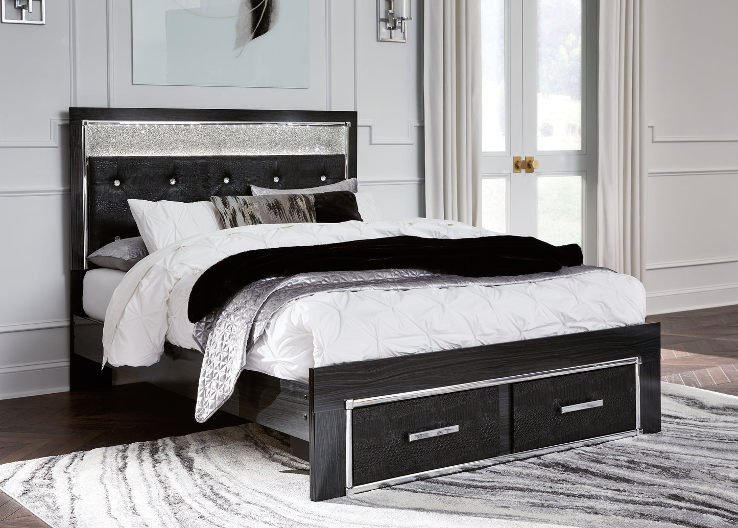 Kaydell Queen Upholstered Storage Bed, Dresser, Mirror and Nightstand