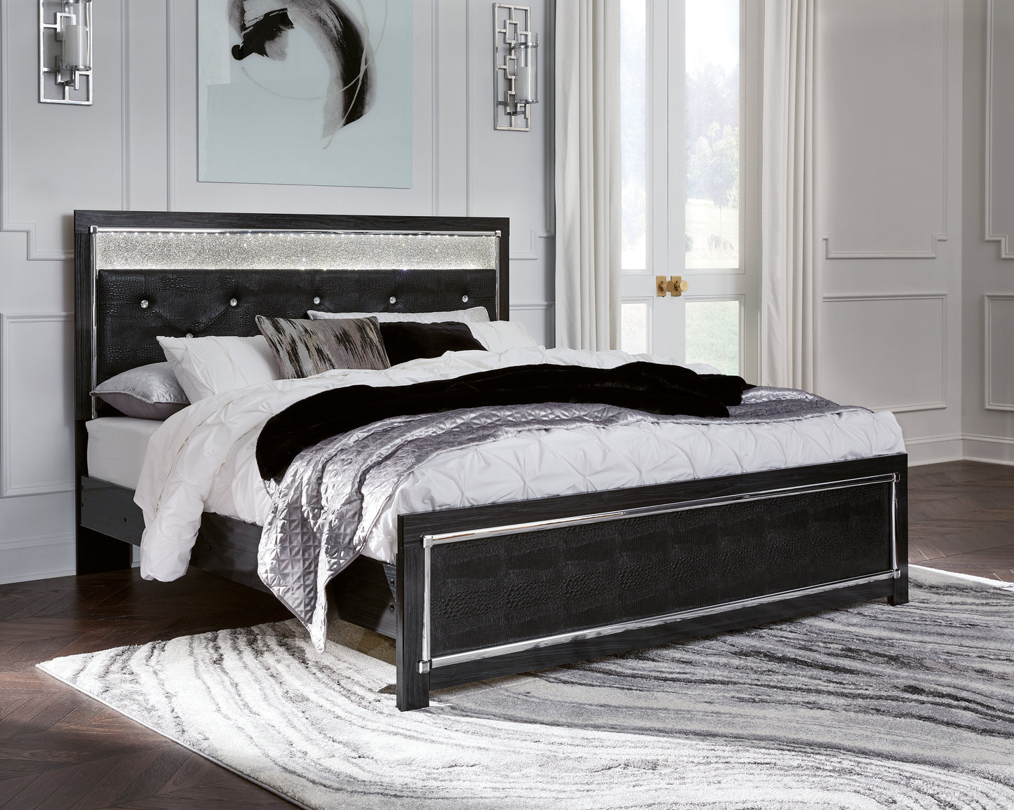 Kaydell King Upholstered Panel Bed, Dresser, Mirror and Nightstand