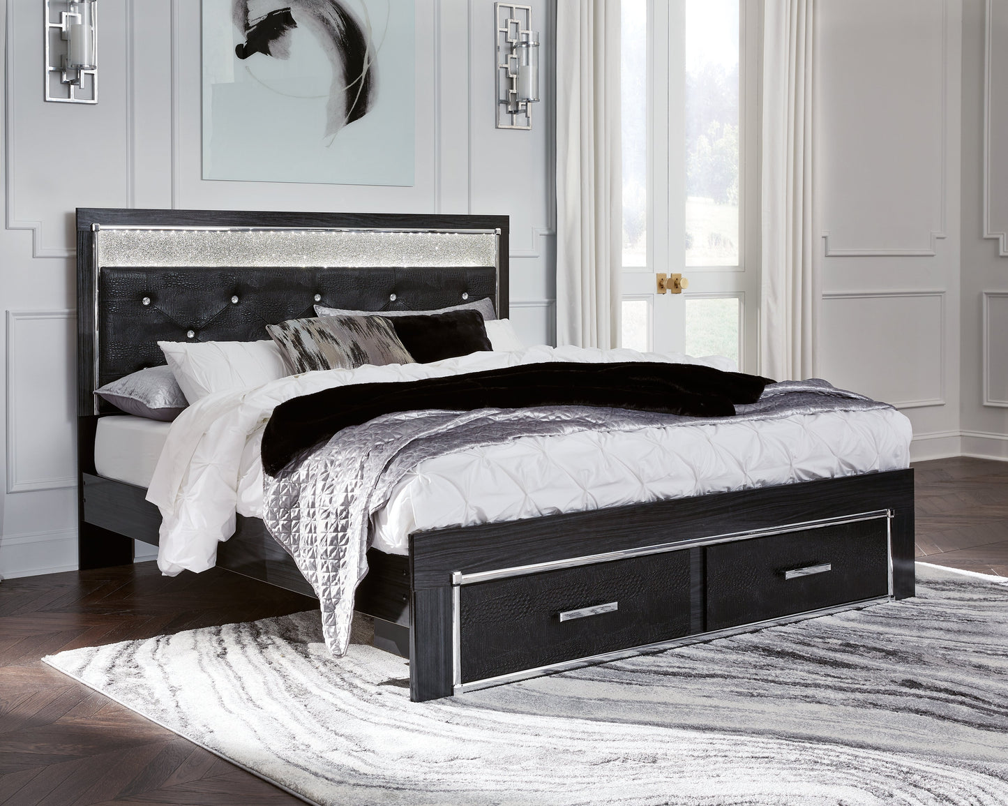 Kaydell King Panel Storage Bed, Dresser, Mirror and Nightstand