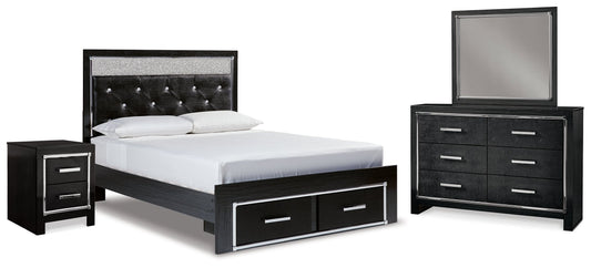 Kaydell Queen Upholstered Storage Bed, Dresser, Mirror and Nightstand