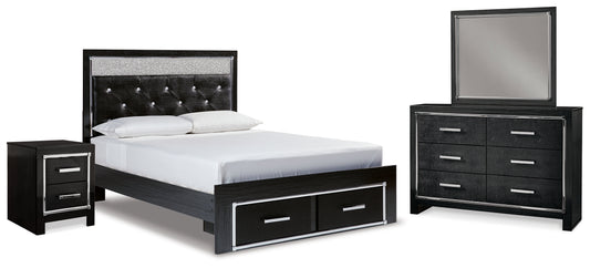 Kaydell Queen Upholstered Storage Bed, Dresser, Mirror and Nightstand