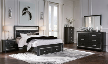 Kaydell Queen Upholstered Storage Bed, Dresser, Mirror and Nightstand