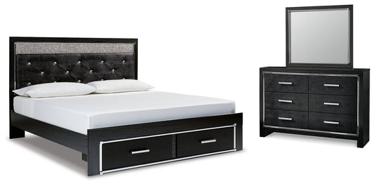 Kaydell King Upholstered Panel Storage Platform Bed, Dresser and Mirror
