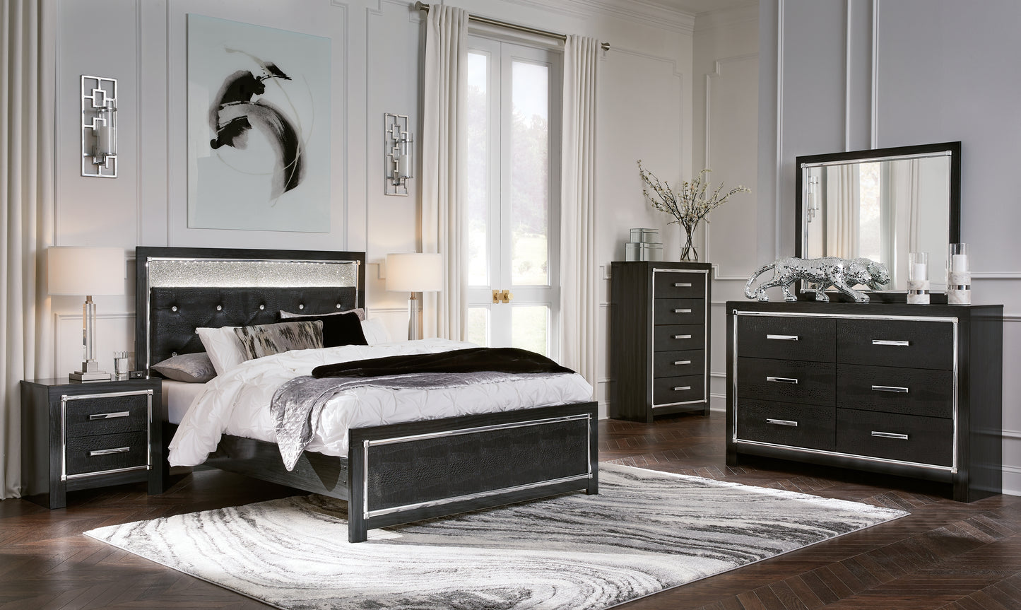 Kaydell Queen Upholstered Panel Bed, Dresser, Mirror and Nightstand