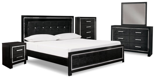 Kaydell King Upholstered Panel Bed, Dresser, Mirror, Chest and Nightstand