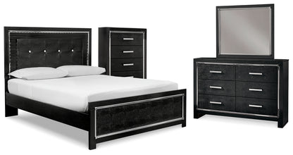 Kaydell Queen Upholstered Panel Bed, Dresser, Mirror and Chest